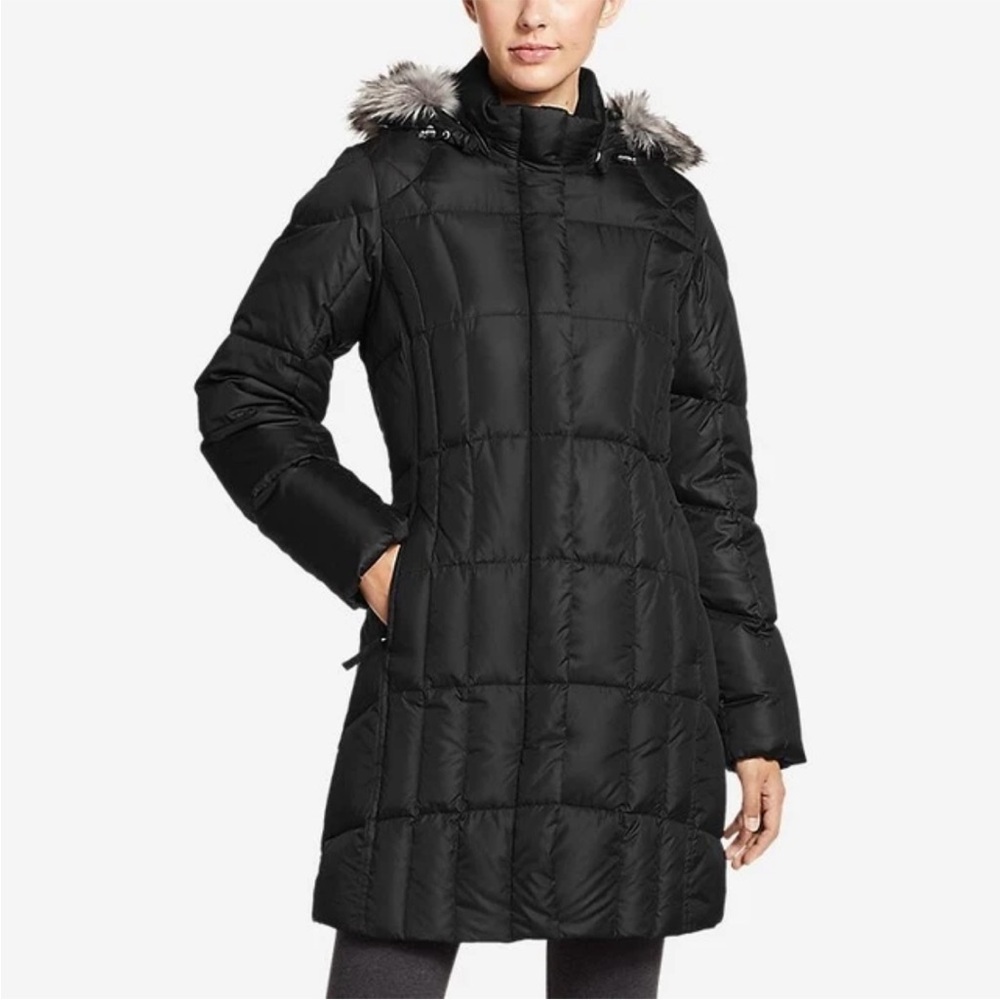 Eddie Bauer Lodge Down Black Parka Hooded Winter Jacket Long Mid Length WM Large